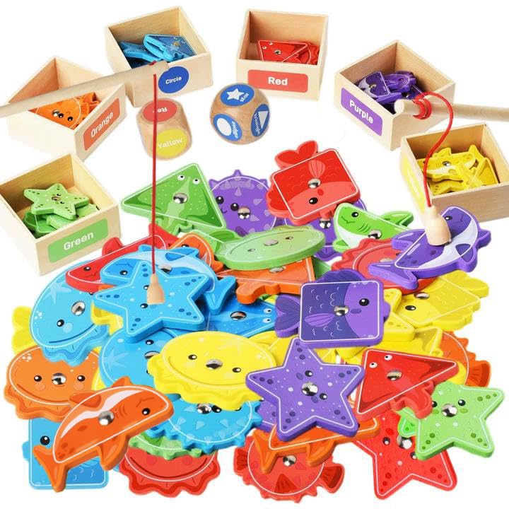 Smartwo Montessori Fishing Game for Toddlers Wooden Magnetic Fishing Game Early Educational-Shape & Color Sorting Toy for Kid 3-5 Preschool Learning Fine Motor Skill Classroom Matching Activity
