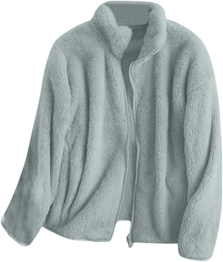 Women's Sherpa Fleece Zip Up Jacket Solid Color Thick Comfortable Fall Winter Daily Cardigan Coat