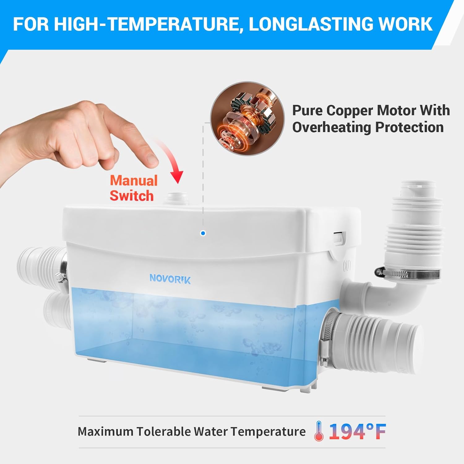 Novorik Macerator Pump with manual switch and motor details