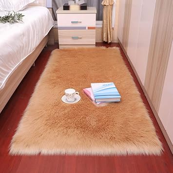 Plush Soft Bedroom Carpet Imitation Wool Pad Long Hair Bedside Mat Sofa Cushion Rugs Red Living Room Fur Carpet-Light Brown 100x160cm