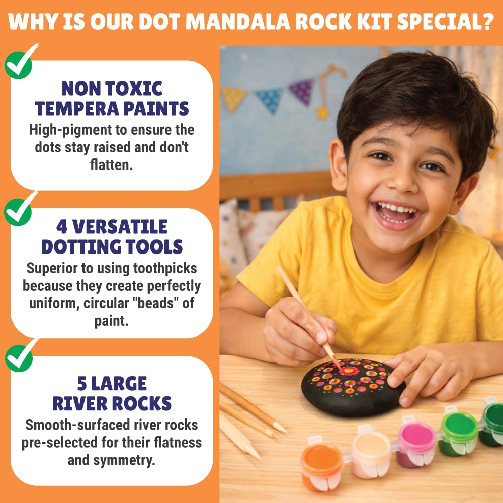 Kalakaram Dot Mandala Rock Painting Kit | DIY Art Kit with 5 Large Reusable River Rocks & 4 Dotting Tools | Traditional Indian Art Craft Kit | Creative Gift for Ages 11 to 16 | 3