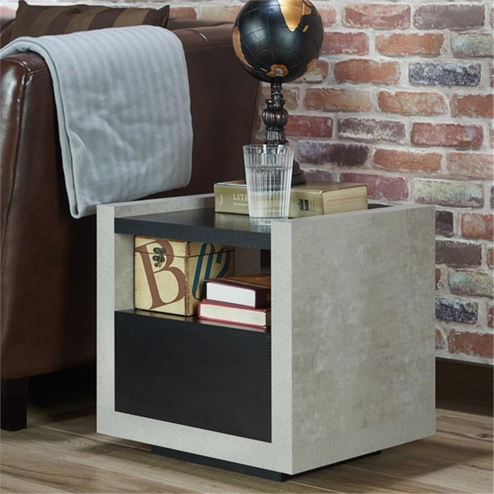 Bowery Hill Modern Wood Storage End Table, Black and Stone-Line Finish, 17.72"W x 15.6"D x 17.28"H, MDF and Particle Board Construction, Handleless Drawer, Industrial Style for Living Room or Bedroom