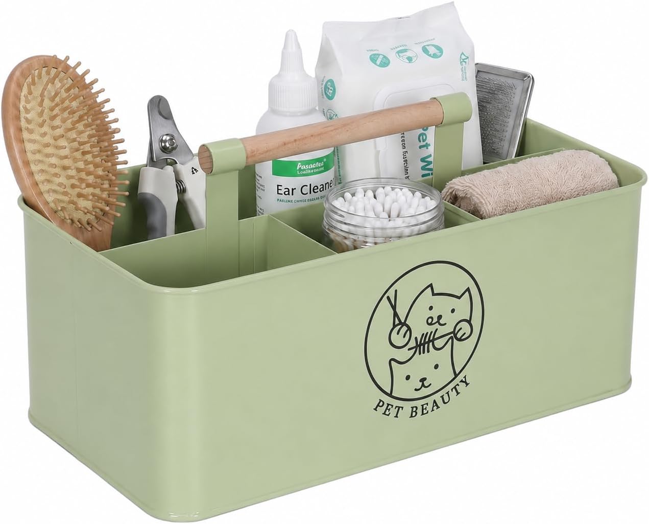 Premium Dog Cat Grooming Supplies Organizer with Wooden Handle,4-Compartment Metal Caddy for Pet Stuff -Powder Coated Dog Storage Bin for Hair remover Brush Nail Clipper Scissors-White