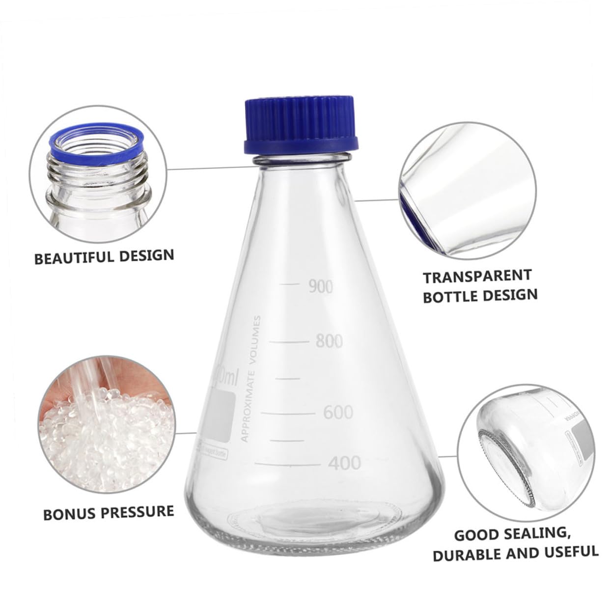 Bottiglie Coniche Reagenti in Vetro 1000ml Scala, 2 Pezzi | Laboratorio e Lezioni di Chimica, Forma Triangolare, Base Solida, Lettura Precisa del Contenuto