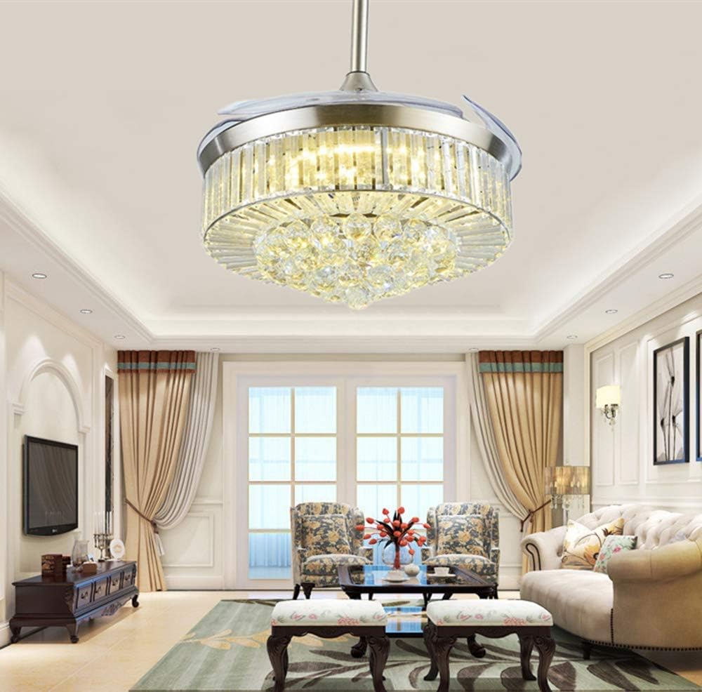 42 Inch Crystal Chandelier Ceiling Fan with Light and Remote Control, Modern Silent Retractable Blades Fans Lighting with 3 Lights Level and 3 Speeds for Dining/Living Room