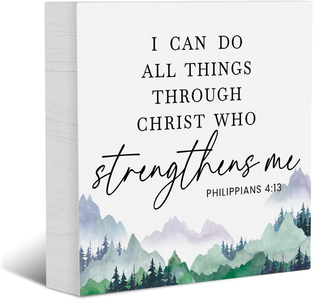 I Can Do All Things Through Christ, Bible Verse Decor Wooden Box Sign Plaques, Rustic Religious Wood Block Plaque Box Sign Home Office Decor for Living Room Bedroom Bathroom Kitchen Desk Shelf Table