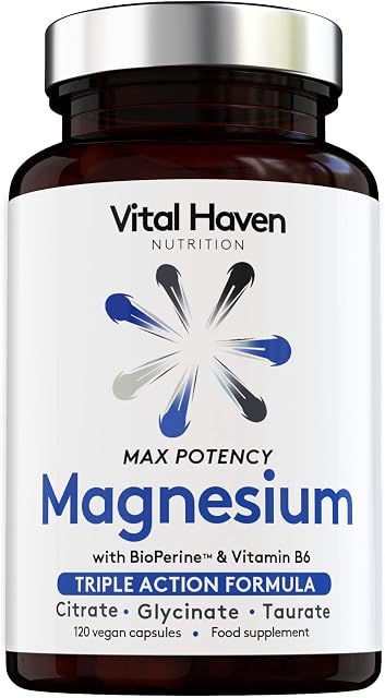 Complex Triple Action Formula - Magnesium Citrate + Glycinate + Taurate and Vitamin B6 with Bioperine for Maximum Absorption - Max Potency - Premium Ingredients - Vegan - Made in The UK
