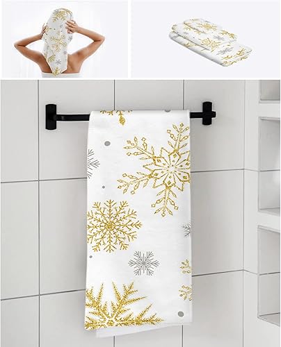 Miniatura 7 de Juego de toallas de baño, toallas de baño blancas con copos de nieve de papel de aluminio dorado de Navidad, toallas de baño suaves y absorbentes