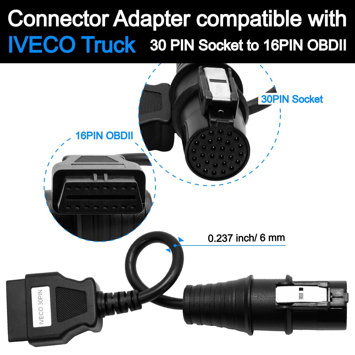 OBD2 Female 16pin Cable to 30pin Male Compatible with Iveco Truck OBDII Diagnostic Scaner — view 2