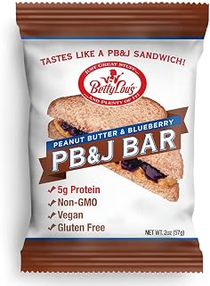 Betty Lou's PB&J Bars, Peanut Butter & Blueberry Snack, Gluten Free, Vegan, Non GMO, Deliciously Healthy Snacks, Individually Wrapped, 2 Oz Each (12 Pack)