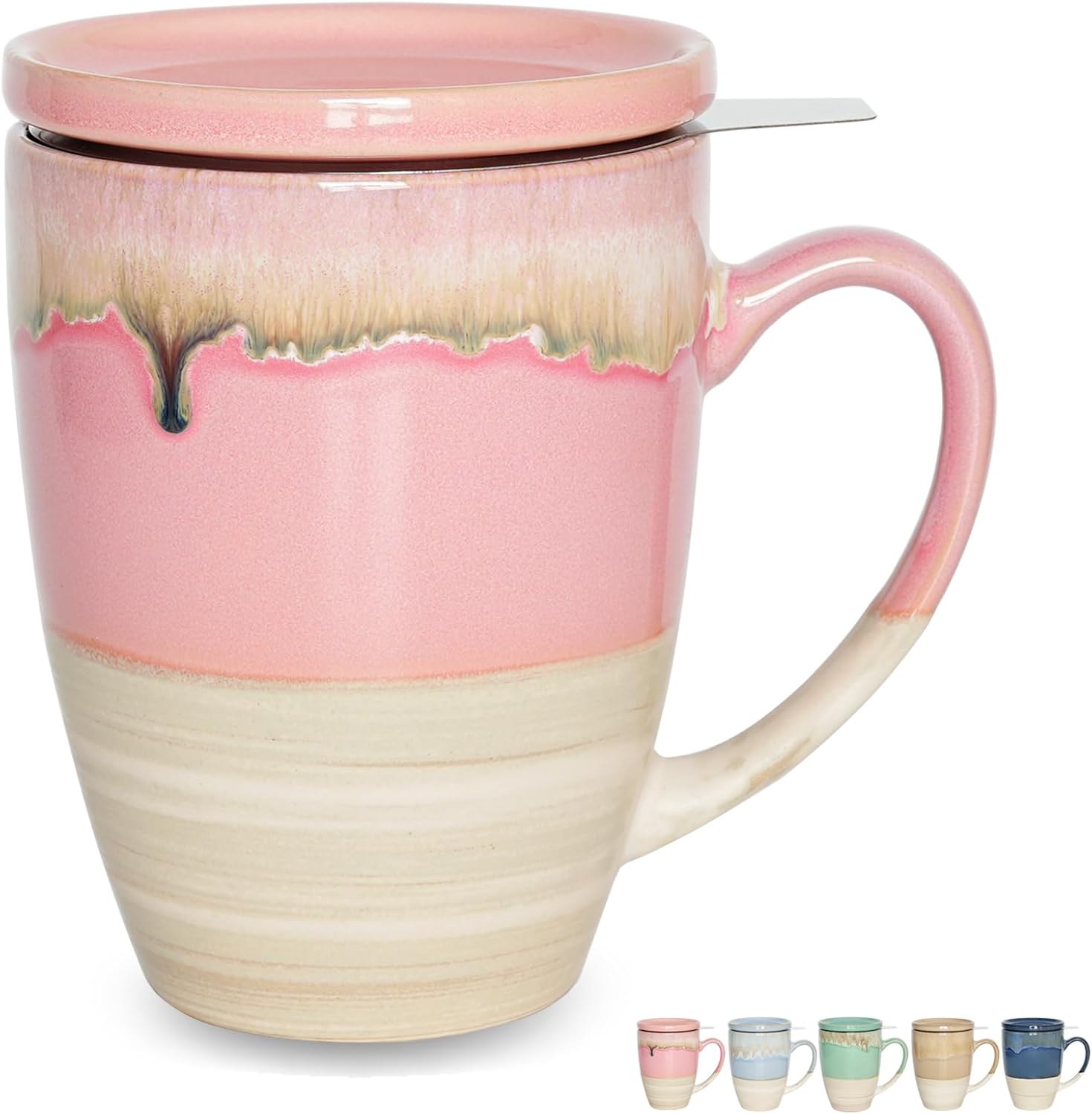 Bosmarlin Ceramic Tea Cup with Infuser and Lid, 13.5 Oz, 5 Colors to Choose, Dishwasher and Microwave Safe, Reactive Glaze, Steeping Tea Mug with Strainer (Pink)