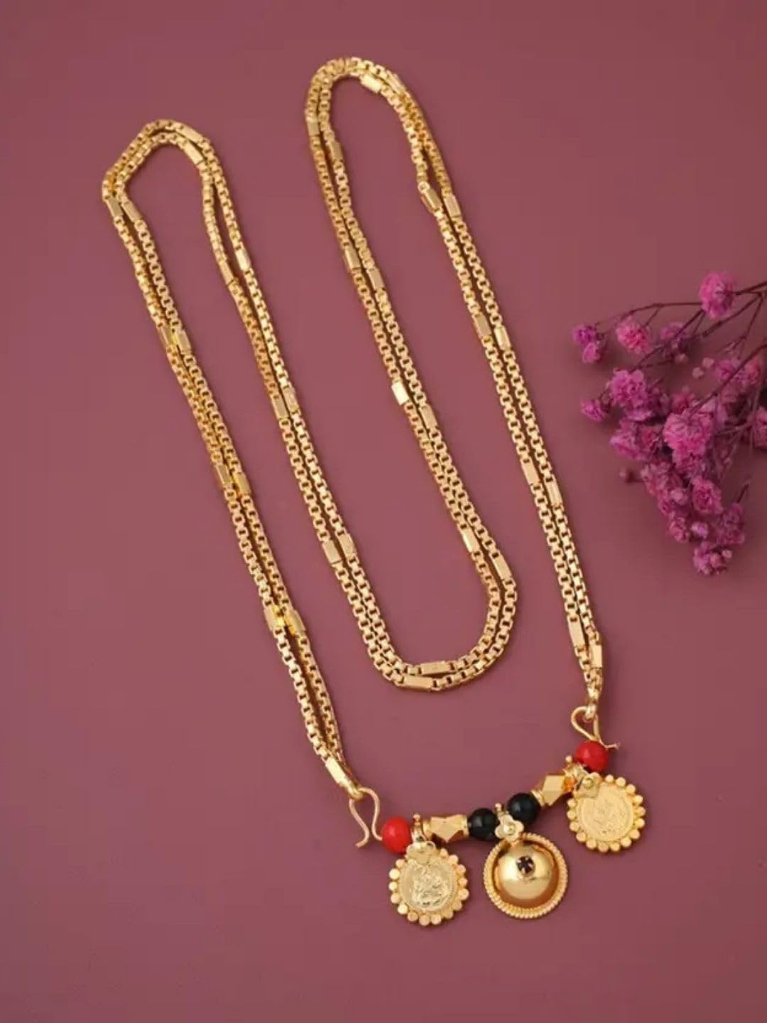 2 Vati Wati Mangalsutra for Women & Girls | Traditional Maharashtrian Tanmaniya Mangalsutra | 1 Gram Gold Plated South Indian Temple Style Long Double Chain Black Beads Nallapusalu-image-44