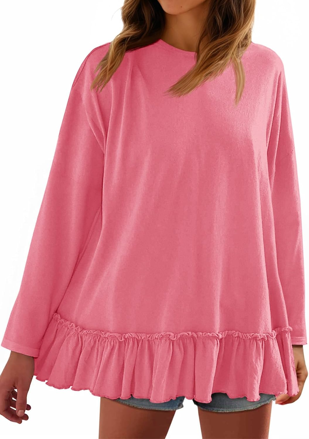 Tankaneo Womens Oversized Peplum Tunic Tops Long Sleeve Babydoll Tops Casual Pleated Shirts Crew Neck Flowy Loose Fit Tees Pink