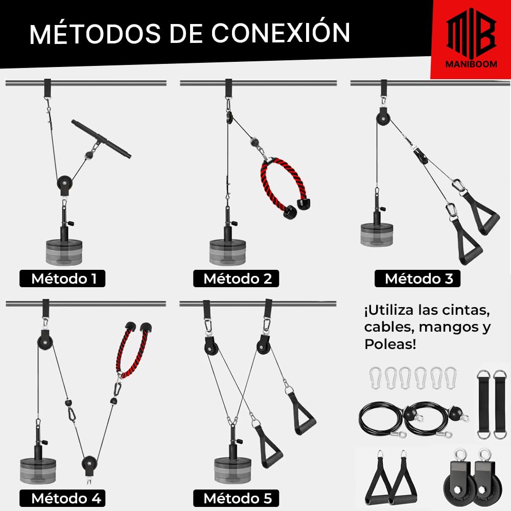 ManiBoom Polea Gimnasio Casa Multifuncional - Kit de Poleas de Musculacion Ajustable con Accesorios Barra 2 en 1 + Cuerda Triceps + Asas - Maquina Home Gym - Rack Pared Multigym