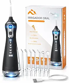 Irrigador Oral Bucal Portátil 5 Modos de Pressão 8 Ponteiras Recarregável – Jato de Água Limpeza Profunda entre Dentes, Aparelhos e Implantes – 300ml