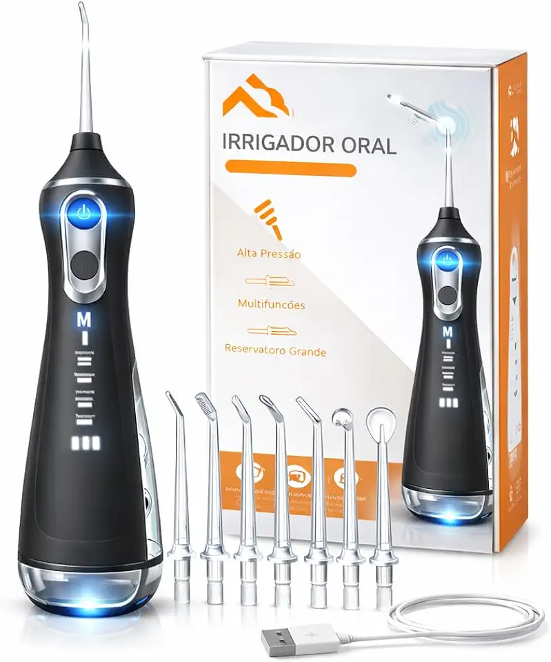 Irrigador Oral Bucal Portátil 5 Modos de Pressão 8 Ponteiras Recarregável – Limpeza Profunda entre Dentes, Aparelhos e Implantes – 300ml