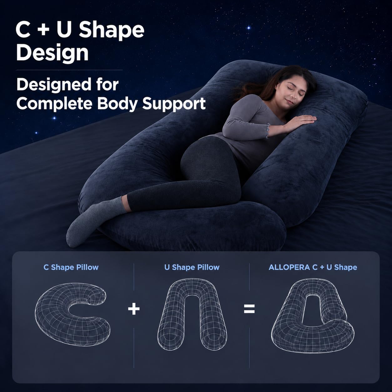 ALLOPERA, Coussin de Grossesse 145 cm – Soutien Jambes, Dos, Cou, épaules, Hanches, Ventre pour Femmes Enceintes, avec Housse Amovible et Lavable en Velours (Gris Noir)