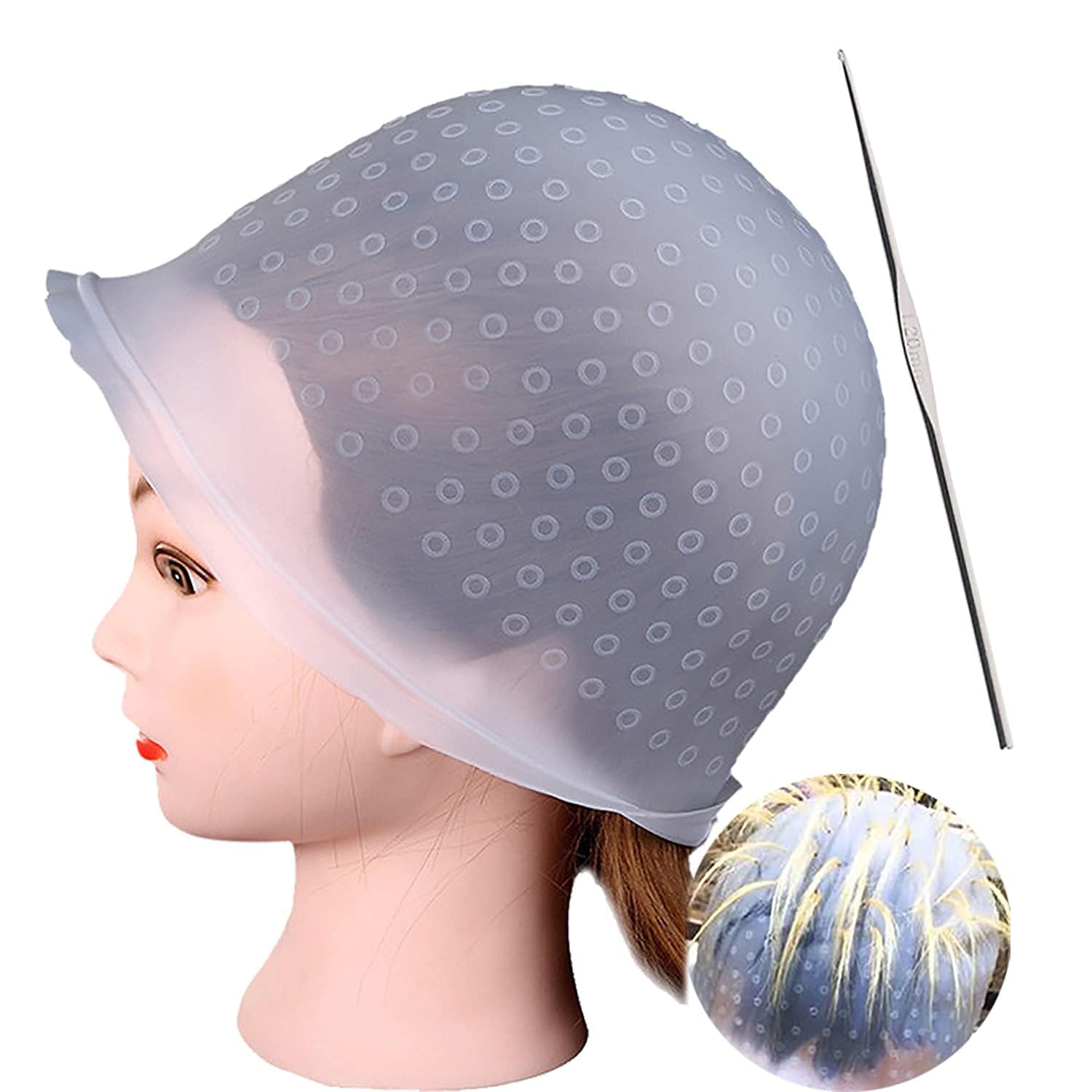 Silicone Highlight Hair Color Cap with Needle Professional Reusable Highlighting Poked Hole Caps with Hooks for Color Hair Salon Hairdressing Dyeing Staining Tools for Women & Men (1Pcs)-image-48