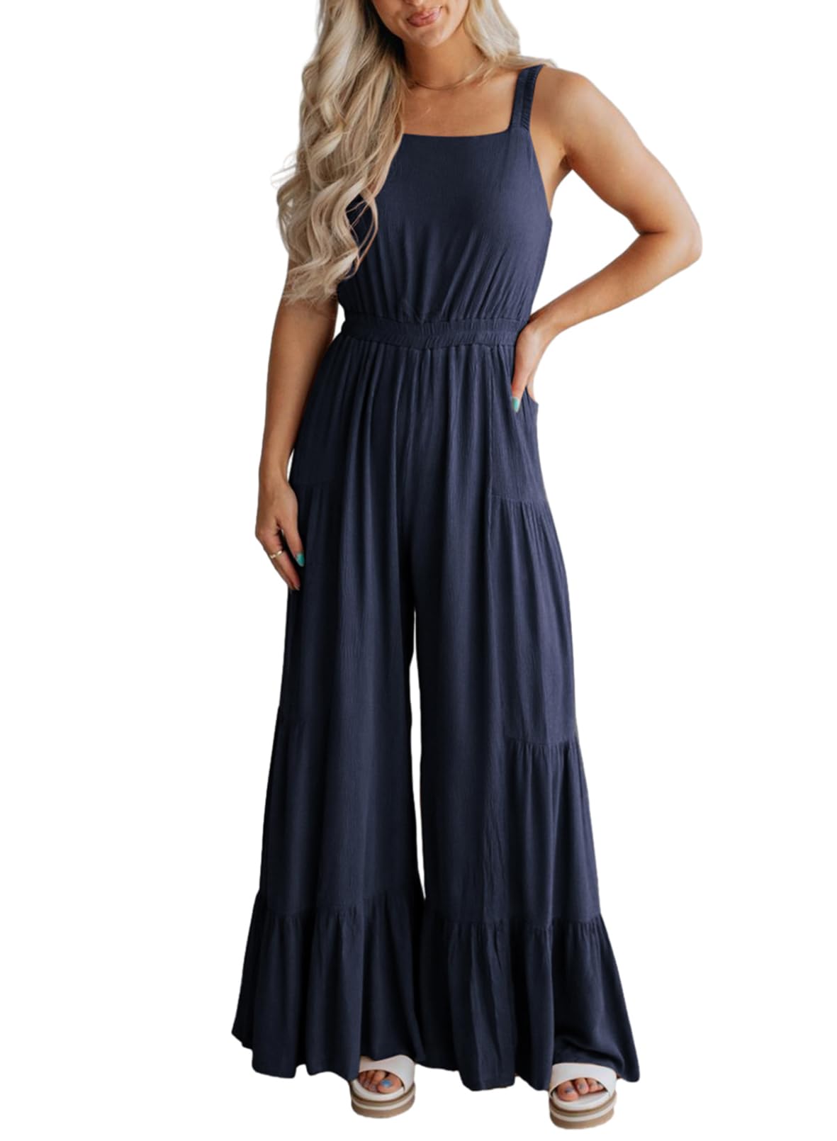 BLENCOTJumpsuits for Women Summer Casual Loose Sleeveless Overalls Jumpsuit Ruffle Wide Leg Long Flare Pant Flowy Rompers