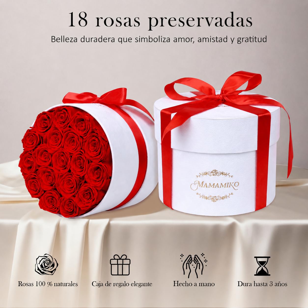 18 Rosas Eternas Rojas en Caja de Rosas, Flor Preservada, Regalo Mujer | Regalo de rosas eternas para mujer, novia o esposa en San Valentín, aniversario, cumpleaños o Día de la Madre