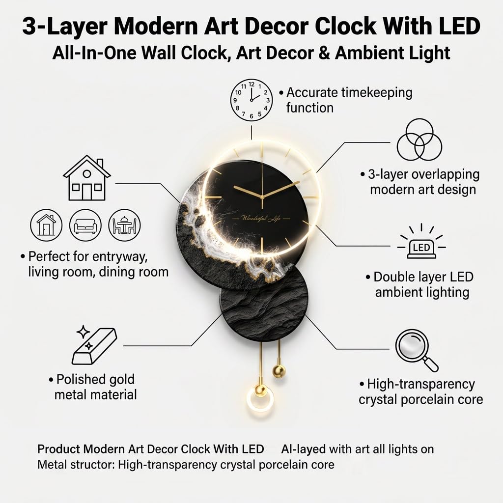 Orologio da Parete LED Moderno, Decorazione Parete 3D Geometrico Porcellana di Cristallo, Grande Orologio Silenzioso in Metallo per Soggiorno Camera da Letto Ufficio