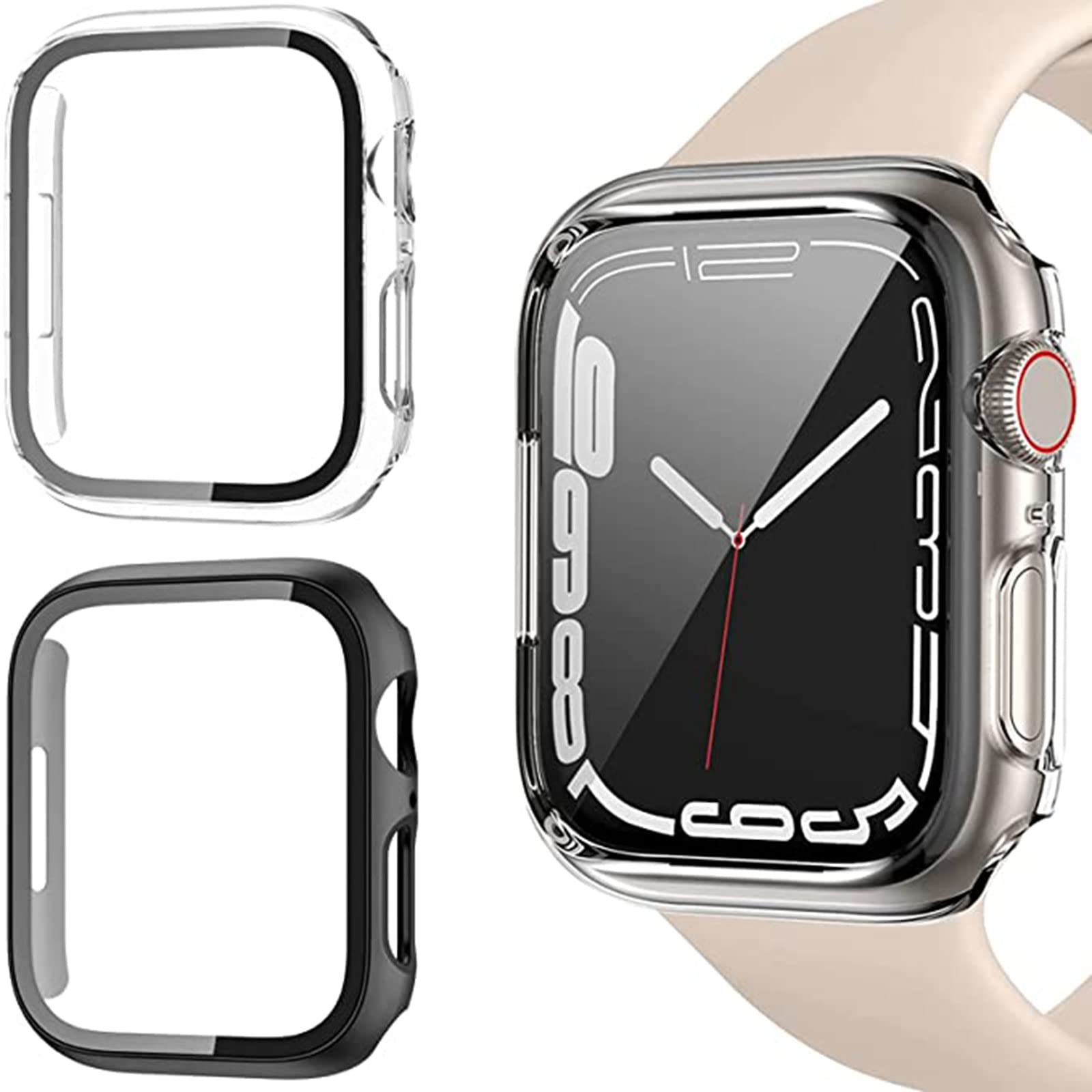 miscloder [2 Pack] 2in1 Soft TPU+Hard PC Case with Tempered Glass Screen Protector for Apple Watch Series 7 41mm, All Round Full Protection Hard PC Cover Bumper for iWatch 7 Accessories Clear + Black (41mm, Clear + Black)