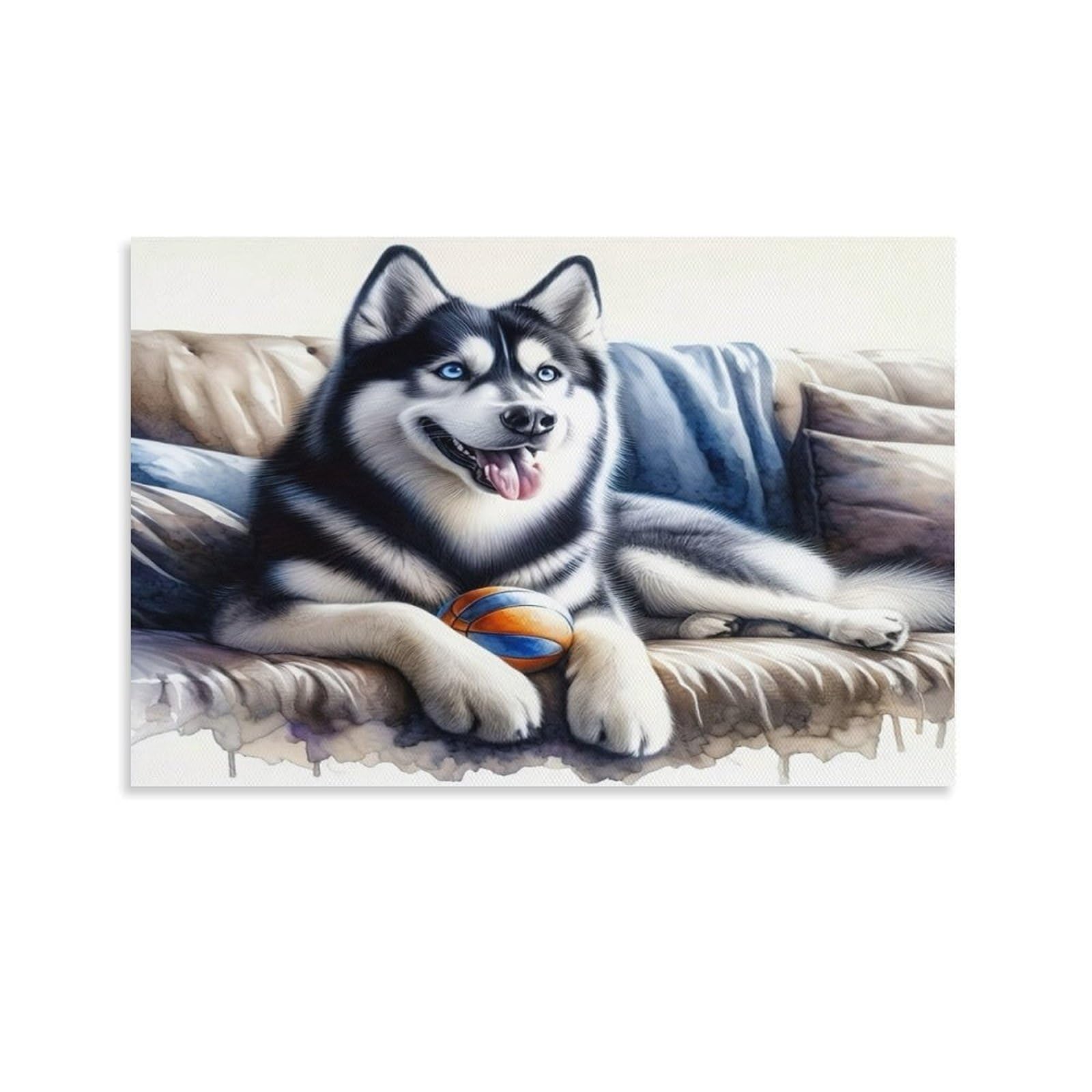 CPLVKWRQJ Siberian Husky Dog 1 Piece Husky with Toy Ball Relaxing on Sofa Canvas Wall Art - Bedroom Canvas Painting Easy to Clean Statement Piece Wall Decor 24x36inch(60x90cm)