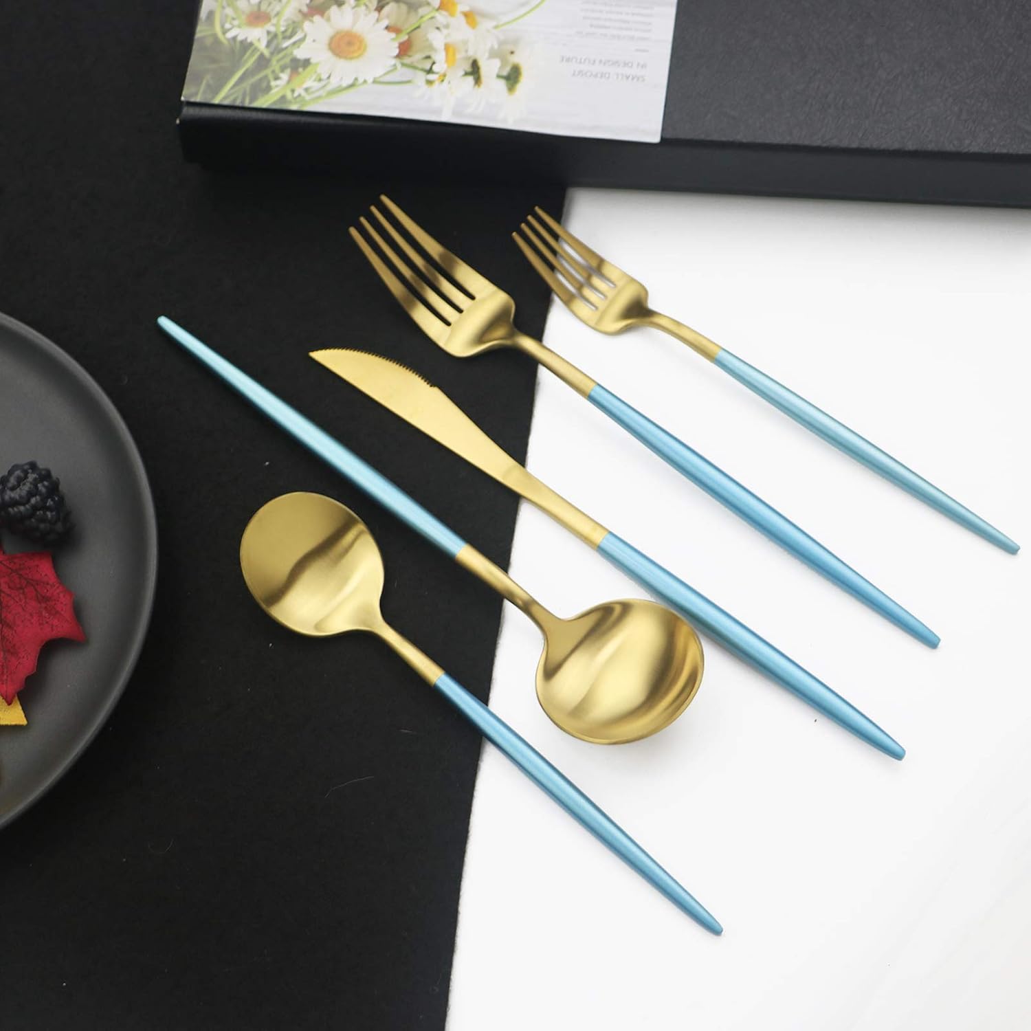 JASHII Luxury 18/10 Blue Handle Flatware Gold Silverware Set 304 Stainless Steel Flatware Cutlery Set| 5-Piece Adaline Royal Modern Satin Finish| BEST Birthday Wedding Gift (Blue Handle Matte Gold) image 4