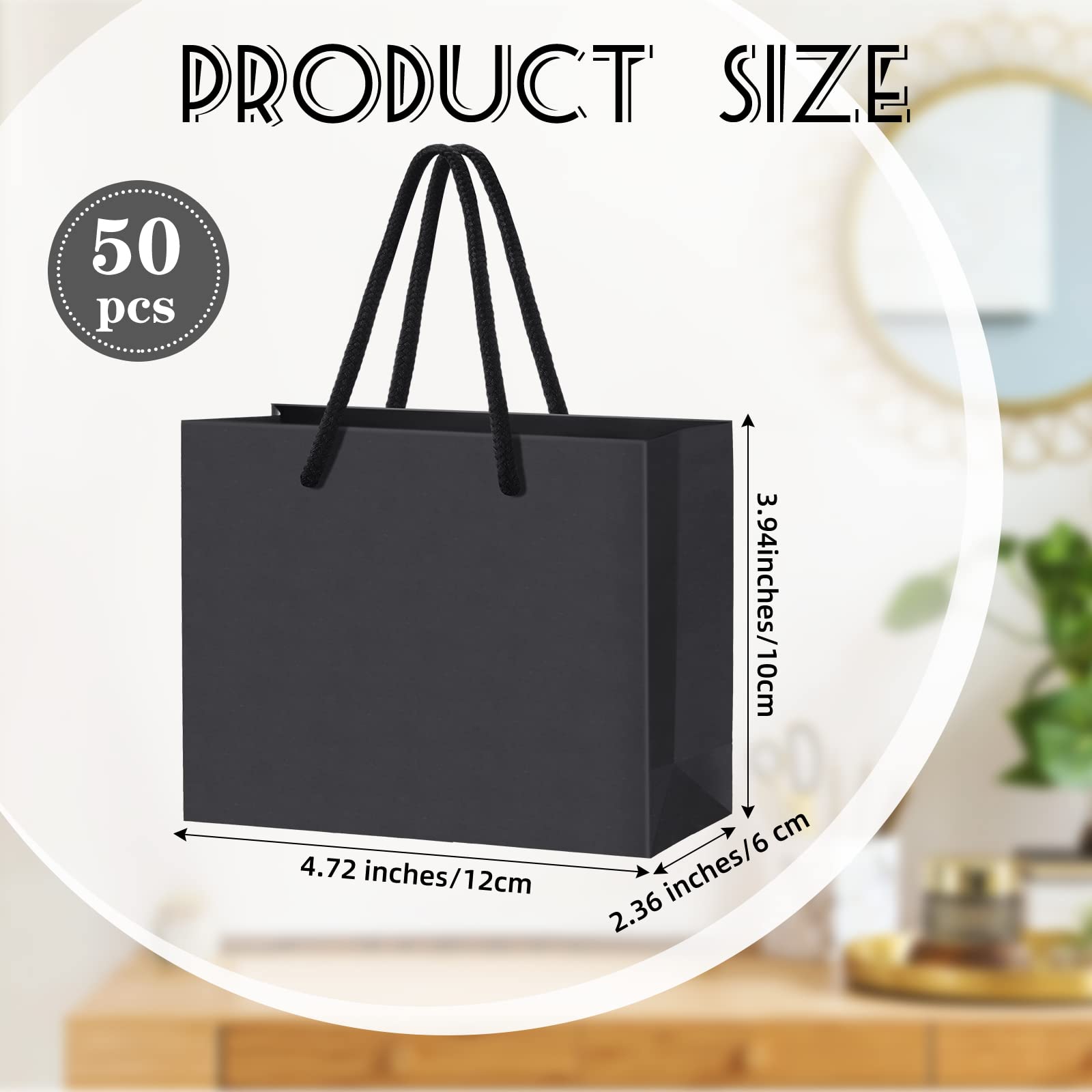 Schwarze Geschenktüten, 9.9x12.9x5.9 cm, Papier-Geschenktüten, extra kleine Geschenktüte mit Griffen, kleine Mini-Geschenktüten für kleine Geschenke, Einkaufen, Veranstaltungen, Feiertage (50 Stück)