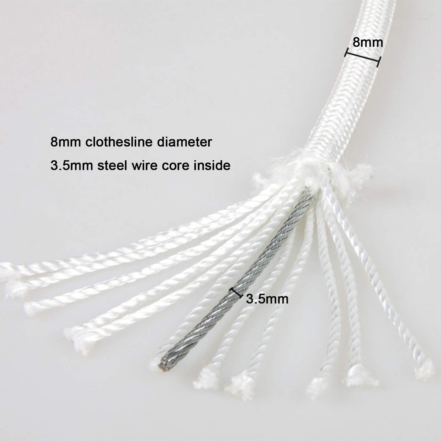 Cuerda para Tender Ropa 8mm,Tendedero de Ropa con núcleo de Acero al Aire Libre Resistente con 2 Ganchos de Acero,Tendedero Antideslizante a Prueba de Viento Camping,White-10m