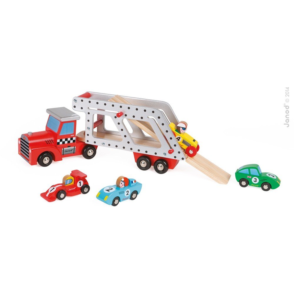 Janod - From 2 years old - Large Wooden Car Carrier - 4 Wooden Cars Included - Develops Imagination - J08572, Rode