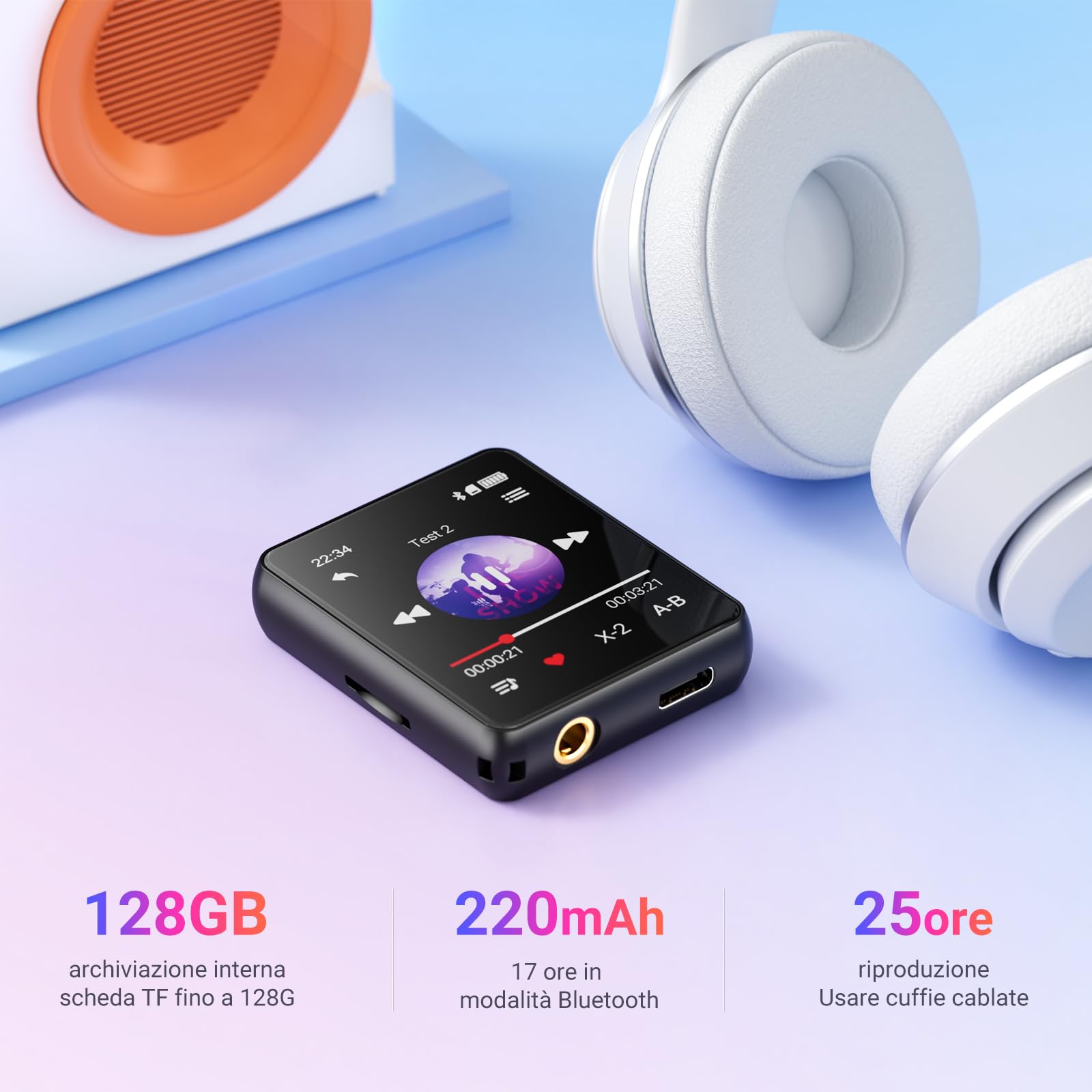 Lettore MP3 Bluetooth - 128GB Lettore Musicale, Altoparlante Integrato e radio FM, Mini Touchscreen da 1,8'' MP3 - Perfetto per Bambini e Sport (nero)
