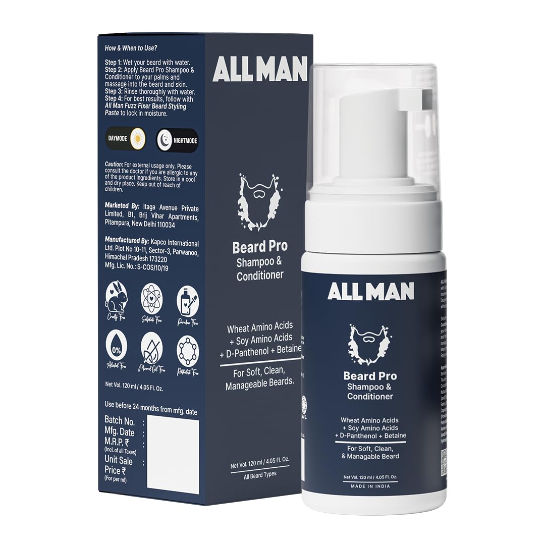 ALL MAN Beard Pro Shampoo & Conditioner, Remove Dirt, Oil, & Product buildup with Deep Hydration with Wheat Amino Acids & Betaine | 100ml-image-9