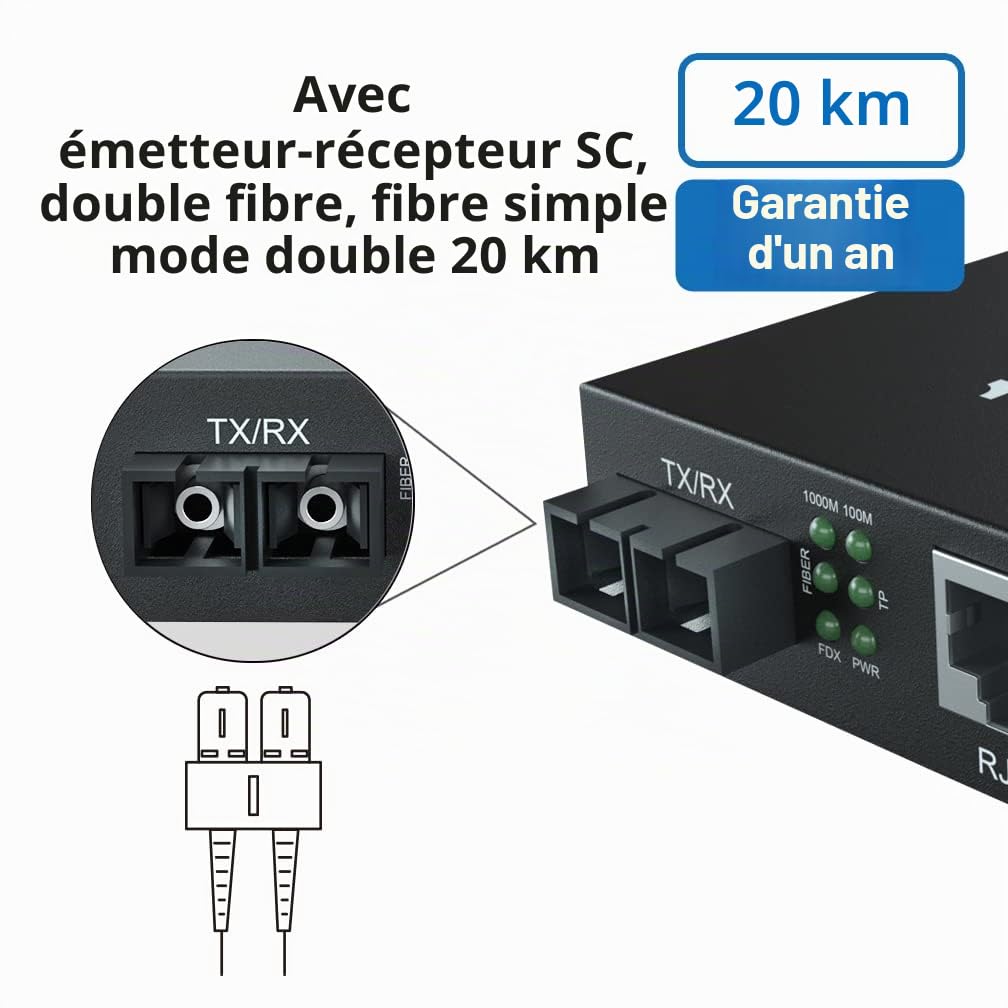 10Gtek Convertisseur de Média Gigabit Ethernet, Built-in 1Gb Monomode SC Transceiver, 10/100/1000M RJ45 à 1000Base-LX, jusqu'à 20km, European Power Adapter, 2pcs