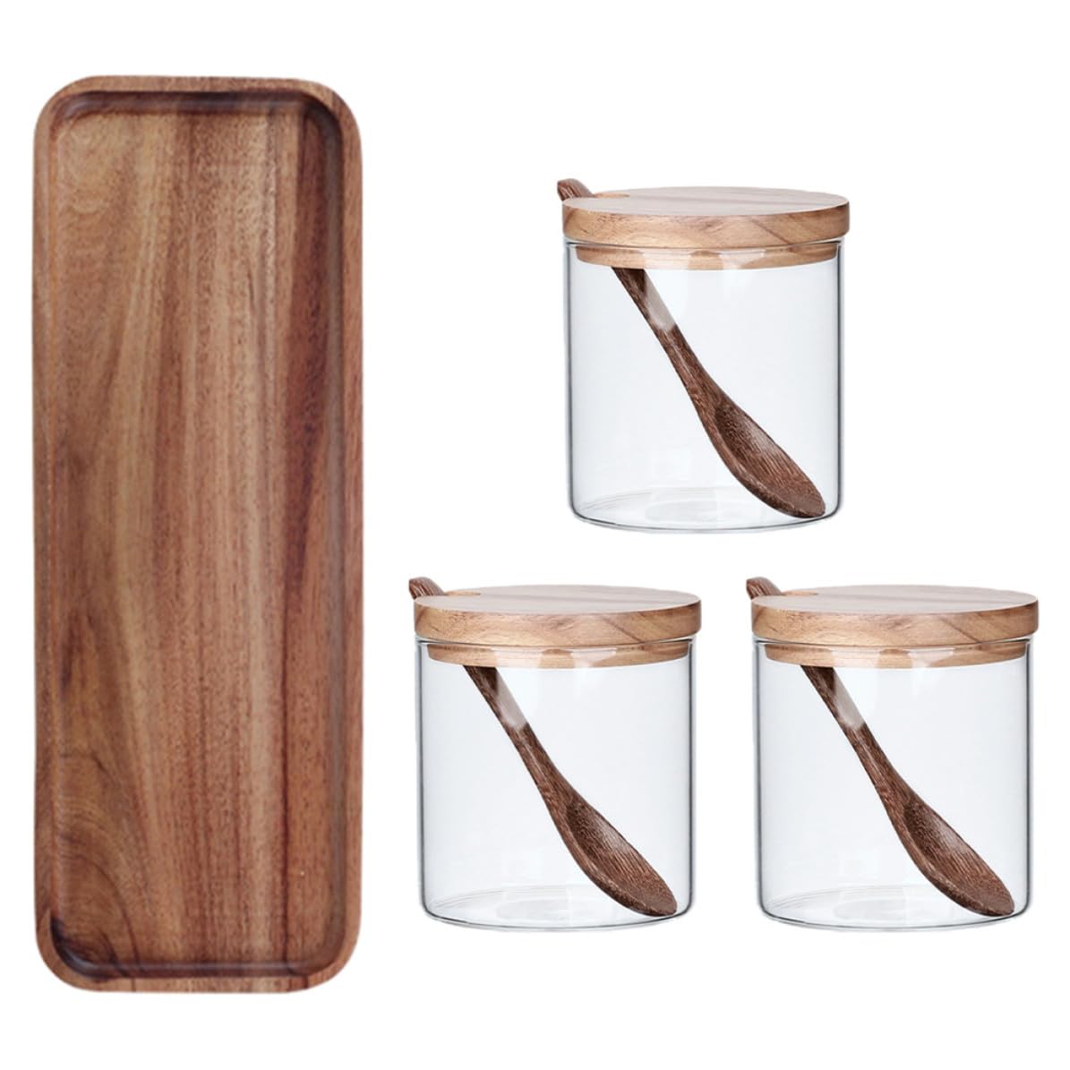 Healvian Glas Gewürzbehälter Multifunktionales Aufbewahrungsgefäß 1 Satz mit Holzdeckel und Löffel Inklusive Praktischer Ablage für Gewürze für Küche und Kochen