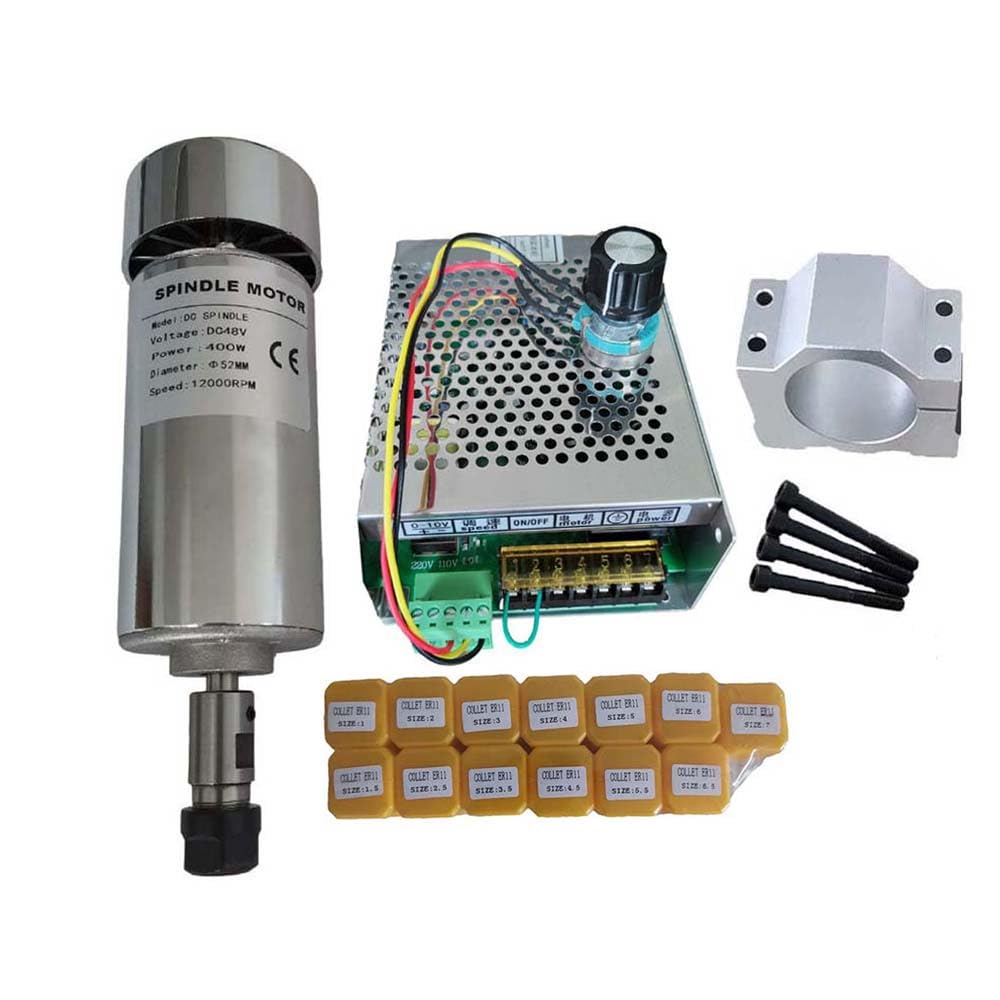 XINHUANGDUO 400W ER11 Air Cooled Spindle Motor 52mm 48V DC 12000RPM Spindle Speed Power Converter AC110V/220V with Mach3 Fuction 52mm Spindle Mount ER11 Collet 13 pcs for CNC Router