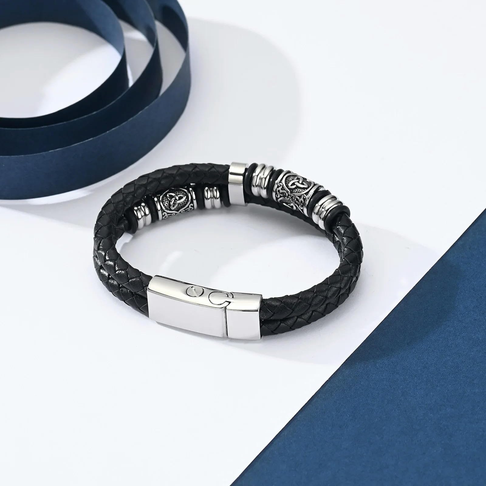 XYNSNDB Bransoletka kremacyjna na popiół dla mężczyzn Biżuteria pamiątkowa ze stali nierdzewnej Pleciona skórzana opaska na nadgarstek Bangle Keepsake