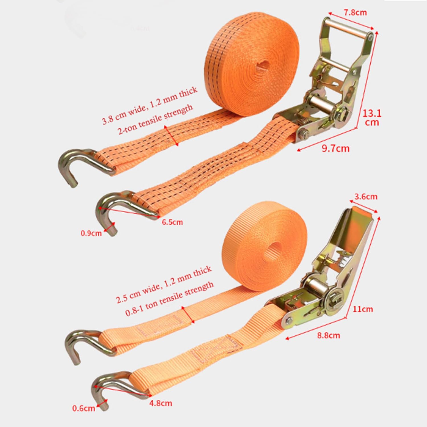 Cinghie di fissaggio con cricchetto e doppio gancio a J, 1-15 m, opzionali, enorme, robuste, cinghie di fissaggio per carichi pesanti, per camion, auto, moto, rimorchi, arancione, #1, 2,5 x