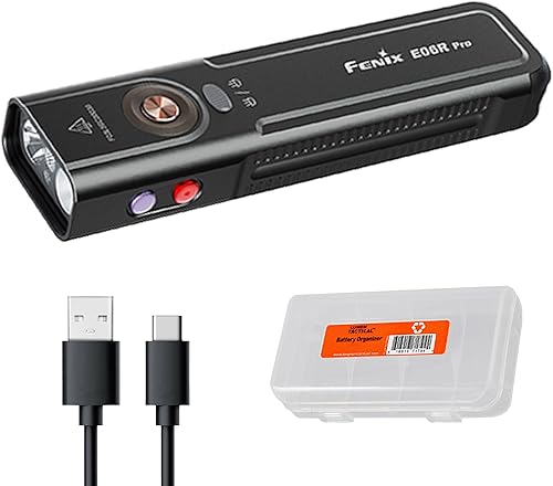Fenix E06R Pro - Linterna EDC 4 en 1 de 1600 lúmenes con luz UV, haz rojo, focoreflector, recargable, forma plana para transporte diario y al aire