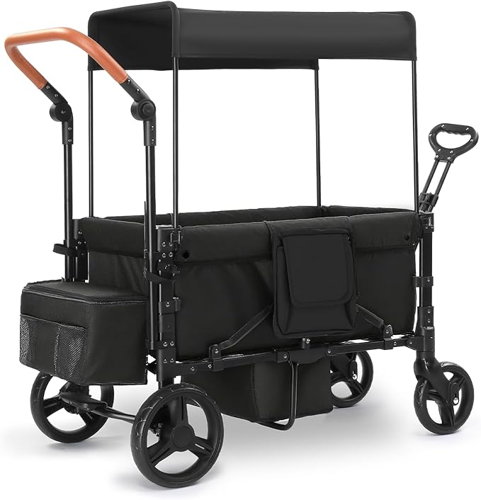 Wagon Stroller for 2 Kids, 3 in 1 Push and Pull Foldable Wagon with Footwell, All-Terrian Wheels, Includes Adjustable Canopy, Ample Organizer, 5 Point Harness (Black)