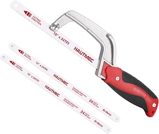 HAUTMEC HT0355 Compact Mini Hacksaw with 3x 10" Bi-Metal HSS Blades - Cuts Metal Wood PVC in Tight Spaces