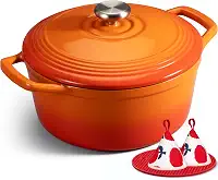 Overmont Forno holandês de ferro fundido esmaltado de 5,5 litros com tampa, livro de receitas, caçarola resistente com alças duplas para refogar, ensopados, assar, assar pão