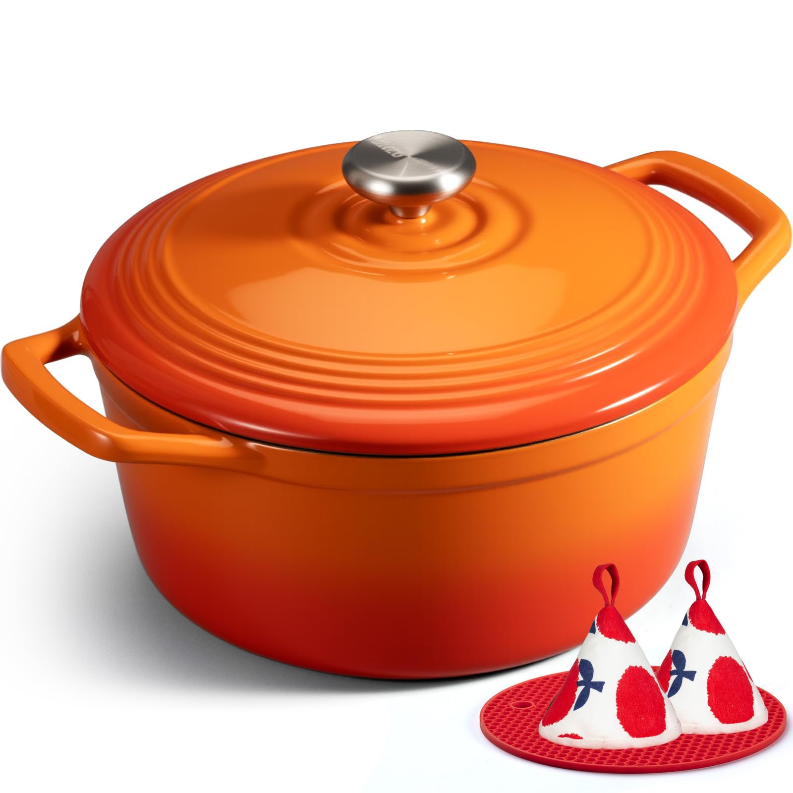 Overmont 5L Enamelled Cast Iron Round Casserole Pot With Lid Cookbook & Cotton Potholders - Non-stick Dutch Oven Cookware for Braising, Stews, Roasting, Bread Baking - Orange, 26cm