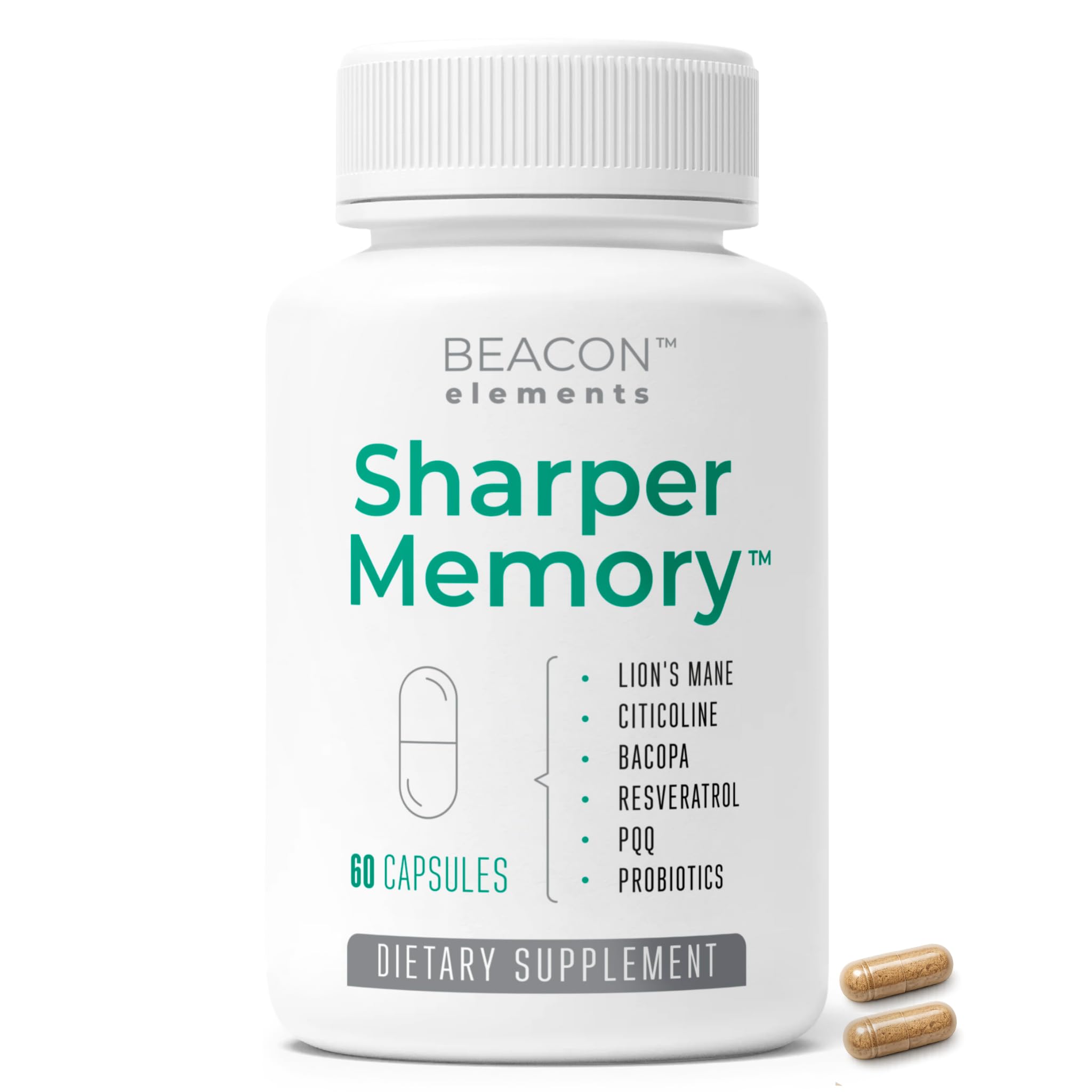 Sharper Memory™ Brain Supplement for Memory & Focus | Nootropic Formula for Brain Wellness with Lion’s Mane, Citicoline, Bacopa, PQQ, Resveratrol & Probiotics | 60 Capsules