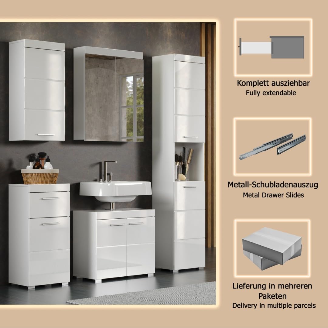 trendteam smart living - Amanda - Badezimmer Komplettset (WBU + Spiegelschrank + Standschrank + Hochschrank + Hängeschrank) - Weiß/Weiß Hochglanz - (BxHxT) 163 x 190 x 34 cm - Kratzfest