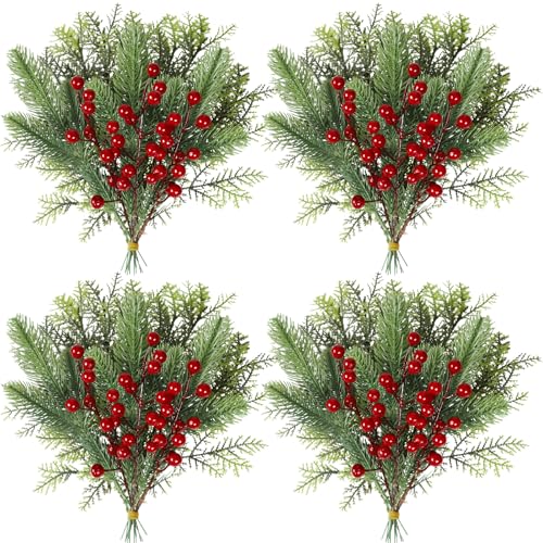 Famibay 36 ramas de pino artificiales, ramas de pino verde, tallos de bayas rojas, agujas de pino de Navidad, hojas verdes, plantas falsas para árbol de Navidad, guirnalda, corona, manualidades