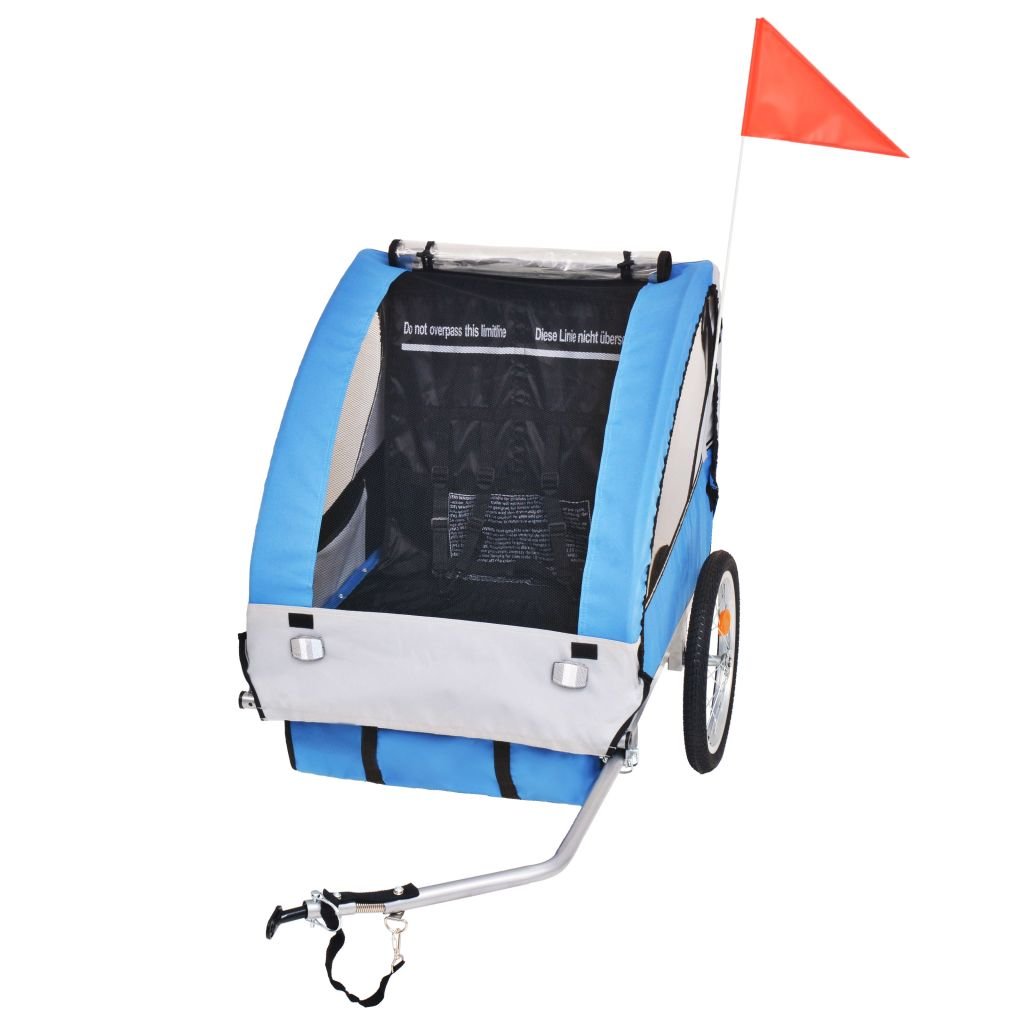mewmewcat Remorque de Vélo pour Enfants Capacité 30 kg pour 2 Enfants 137 x 77 x 87 cm Gris et Bleu Foncé avec Le Fanion de sécurité