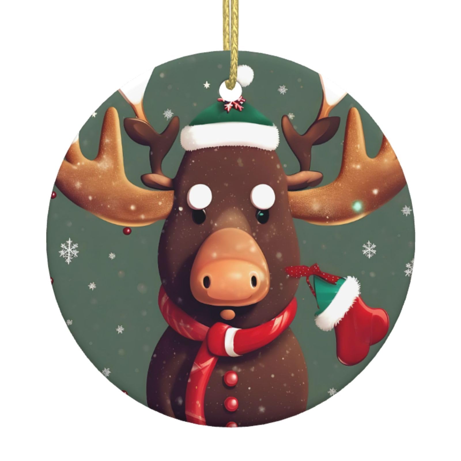 Funny Christmas Moose Head Print Christmas Ornaments, Ceramic Hanging Ornament, Round Shape Decorations