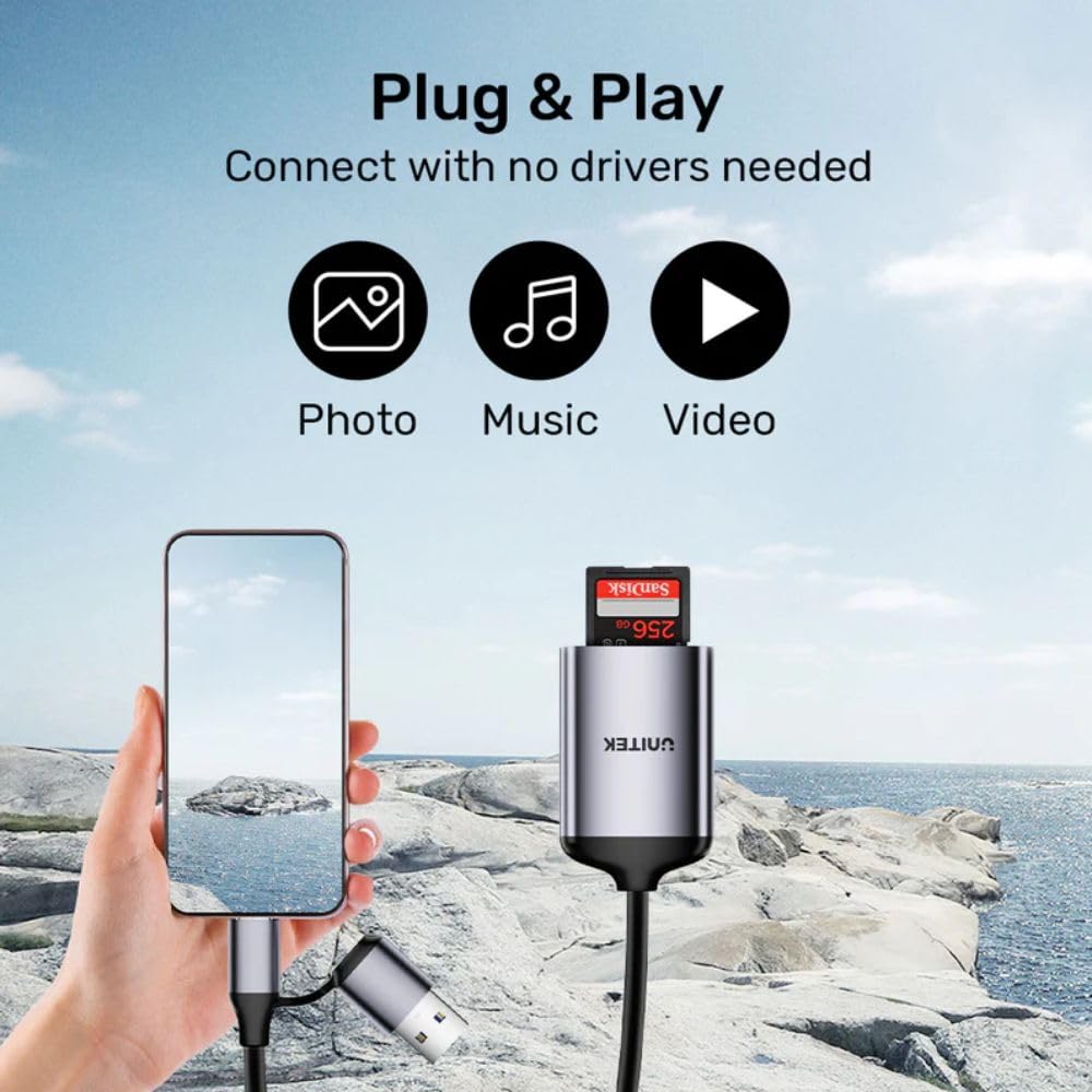 UNITEK - Lector de tarjetas de memoria SD 4.0 / Micro SD 4.0 - USB-C/USB-A