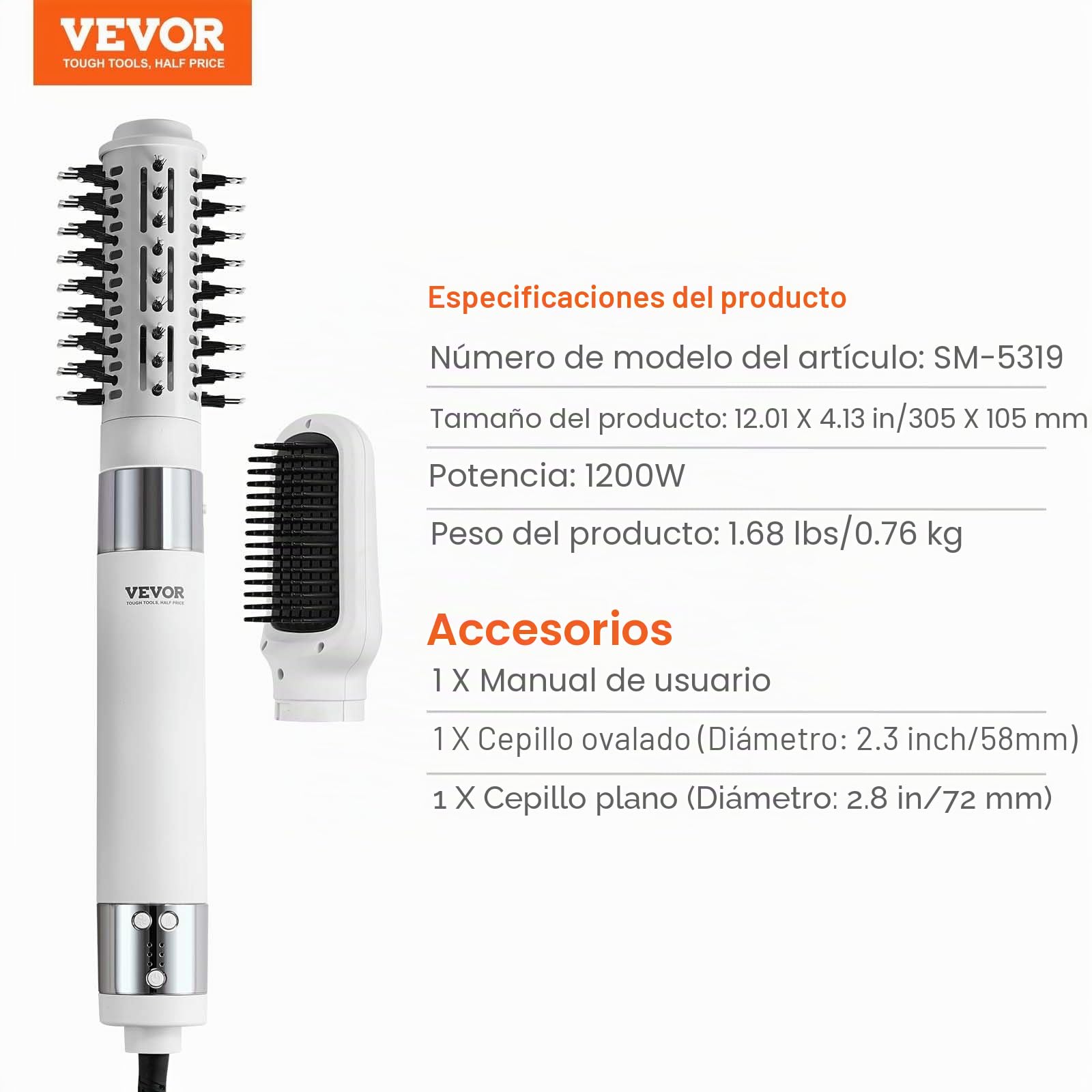 VEVOR Cepillo Secador de Pelo Iónico, Alta Velocidad de 110 000 RPM con Cepillo Ovalado y de Paleta, de 4 Temperaturas y 3 Velocidades para Un Alisado Voluminizador de Secado Rápido, 305 x 105 mm